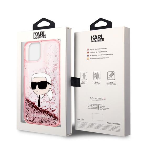 Apple iPhone 14 Kılıf Karl Lagerfeld Sıvılı Simli Karl Head Dizayn Kapak
