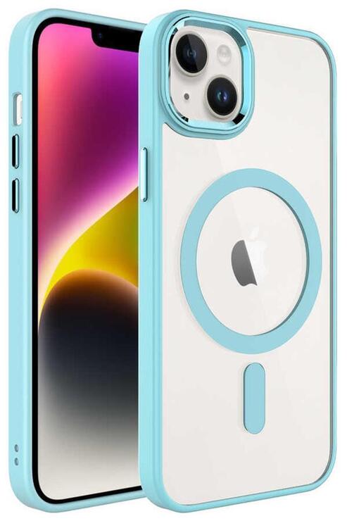 Apple iPhone 14 Kılıf Renkli Kenar Şeffaf Kamera Çevresi Metal Magsafe TPU Silikon