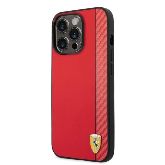 Apple iPhone 14 Pro Kılıf Ferrari Magsafe Şarj Özellikli PU Deri Karbon Şeritli Dizayn Kapak