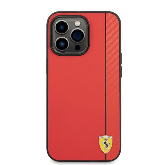 Apple iPhone 14 Pro Kılıf Ferrari Magsafe Şarj Özellikli PU Deri Karbon Şeritli Dizayn Kapak
