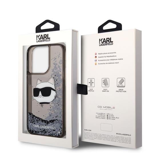 Apple iPhone 14 Pro Kılıf Karl Lagerfeld Sıvılı Simli Choupette Head Dizayn Kapak