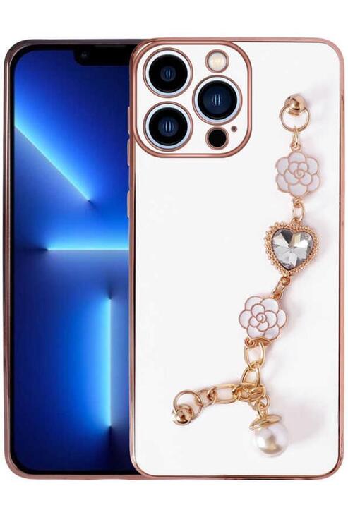 Apple iPhone 14 Pro Max Kılıf Kalpli Çiçekli Bileklik Zincirli Kamera Korumalı Kenarları Gold Renk, Silikon