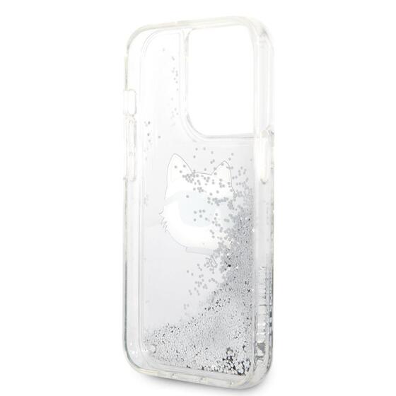 Apple iPhone 14 Pro Max Kılıf Karl Lagerfeld Sıvılı Simli Choupette Head Dizayn Kapak