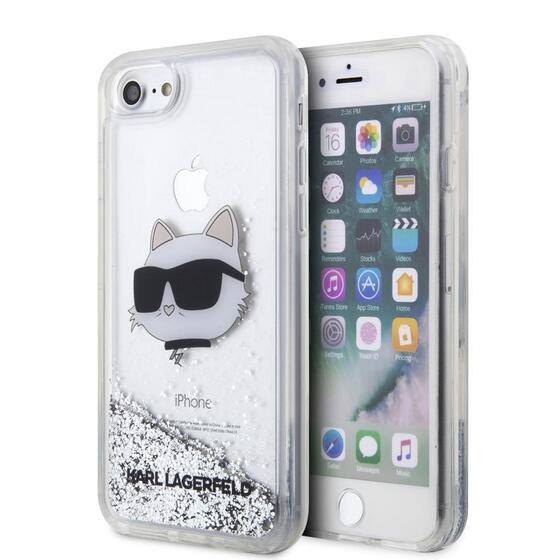 Apple iPhone SE 2022 Kılıf Karl Lagerfeld Sıvılı Simli Choupette Head Dizayn Kapak
