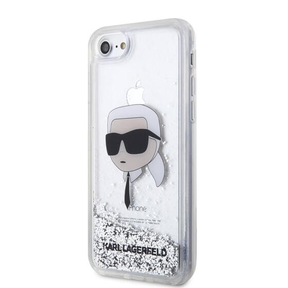 Apple iPhone SE 2022 Kılıf Karl Lagerfeld Sıvılı Simli Karl Head Dizayn Kapak