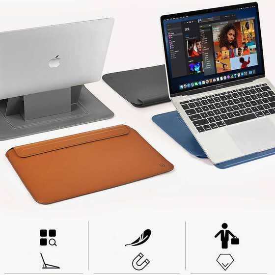 Apple MacBook 13.3 Pro 2022 M2 Uyumlu Çanta & Stand & Kılıf PU Deri Mıknatıslı Kapak Wiwu Skin Pro