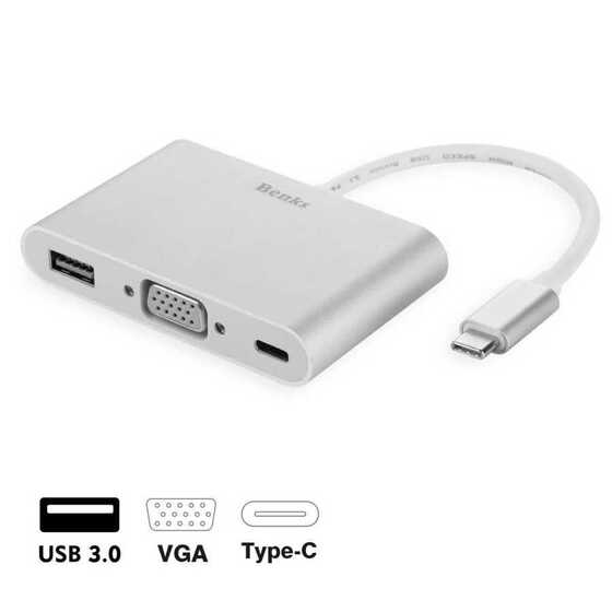 Benks U20 Type-C Çoğaltıcı 3 in 1 (USB 3.0 + VGA + Type-C) Dönüştürücü Adaptör