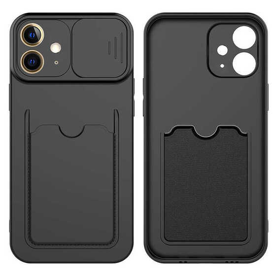 Ceponya iPhone 12 Mini Kılıf Deri Görünümlü Kartlıklı Kamera Korumalı Silkon