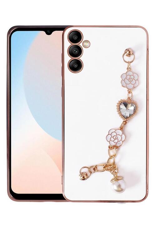 Galaxy A34 Kılıf Kalpli Çiçekli Bileklik Zincirli Kamera Korumalı Kenarları Gold Renk, Silikon