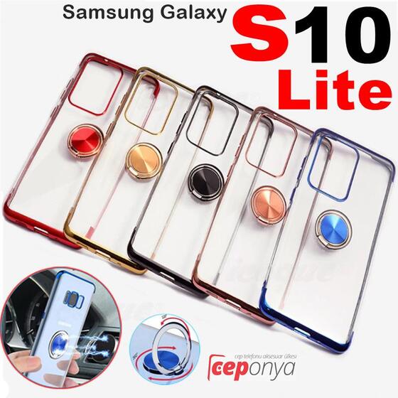 Galaxy S10 Lite Yüzüklü Standlı Köşeleri Renkli Şeffaf Kılıf