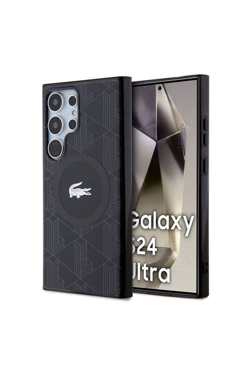 Galaxy S24 Ultra Kılıf Lacoste Lisanslı Magsafe Özellikli  Timsah Logolu Blend Monogram Siyah