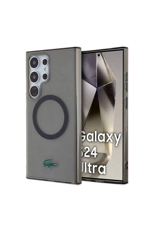 Galaxy S24 Ultra Kılıf Lacoste Lisanslı Magsafe Özellikli Transparan Timsah Logo Baskılı Kapak Siyah