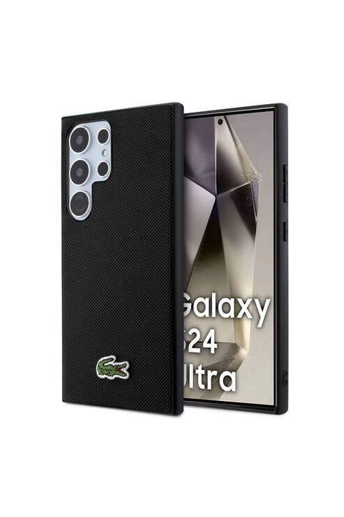 Galaxy S24 Ultra Uyumlu Kılıf Lacoste Lisanslı PU Pike Arka Yüzey İkonik Timsah Dokuma Logolu Siyah