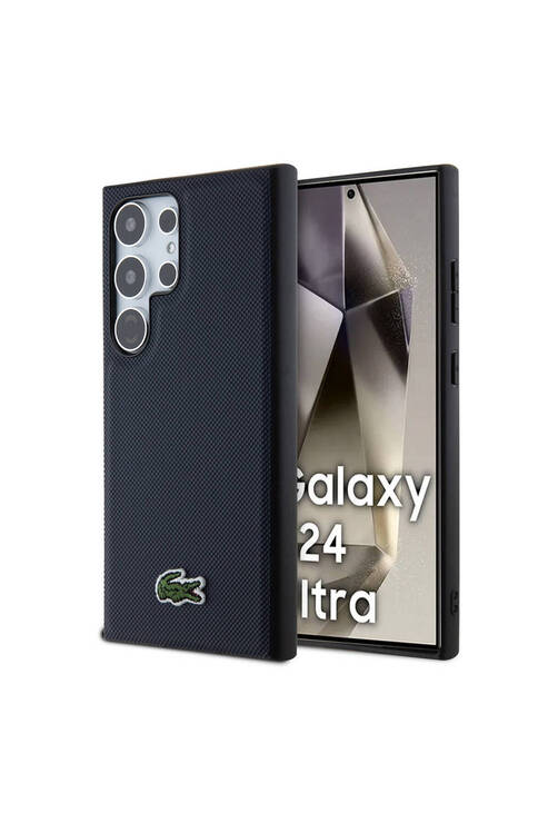 Galaxy S24 Ultra Uyumlu Kılıf Lacoste Lisanslı PU Pike Desenli İkonik Timsah Dokuma Logolu Lacivert