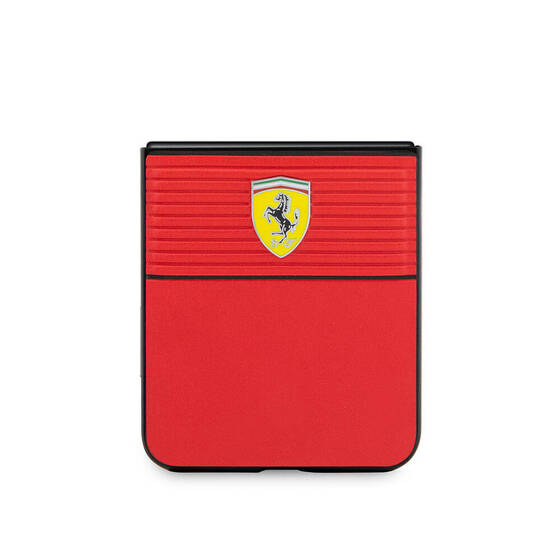 Galaxy Z Flip 5 Kılıf Ferrari Orjinal Lisanslı PU Deri Metal Logolu Multi Çizgili Kapak Kırmızı