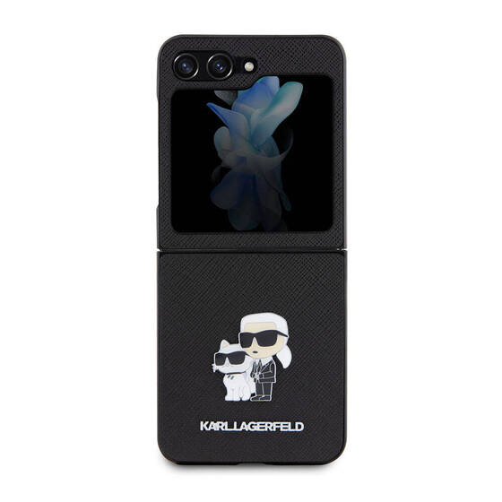 Galaxy Z Flip 5 Kılıf Karl Lagerfeld Orjinal Lisanslı K&C Metal Logolu Saffiano Kapak Siyah