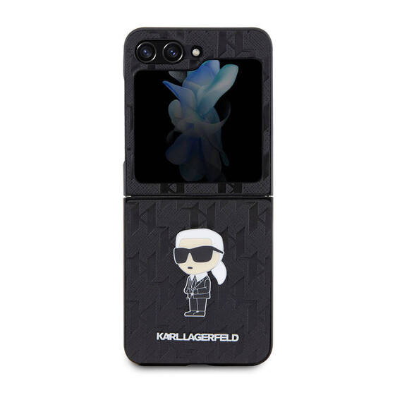Galaxy Z Flip 5 Kılıf Karl Lagerfeld Orjinal Lisanslı KL Desenli Karl İkonik Saffiano Kapak Siyah