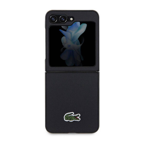 Galaxy Z Flip 5 Kılıf Lacoste Orjinal Lisanslı PU Pike Desenli Yüzey İkonik Timsah Logolu Siyah