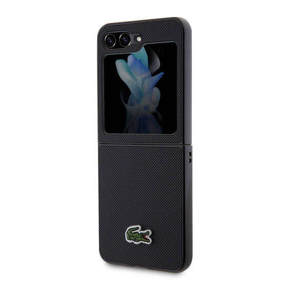 Galaxy Z Flip 5 Kılıf Lacoste Orjinal Lisanslı PU Pike Desenli Yüzey İkonik Timsah Logolu Siyah