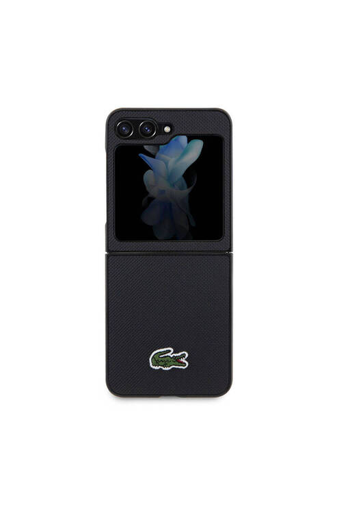 Galaxy Z Flip 5 Uyumlu Kılıf Lacoste Lisanslı PU Pike Desenli Yüzey İkonik Timsah Logolu Siyah
