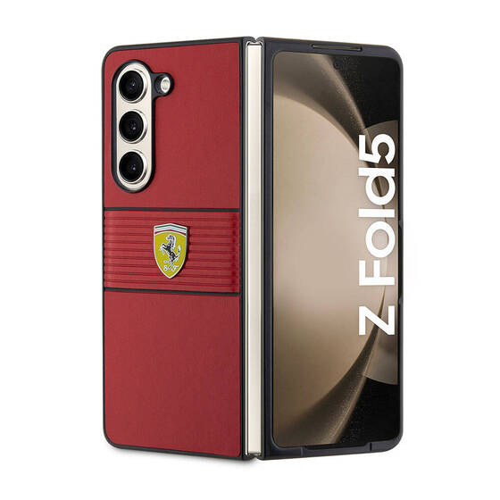 Galaxy Z Fold 5 Kılıf Ferrari Orjinal Lisanslı PU Deri Metal Logolu Multi Çizgili Kapak Kırmızı