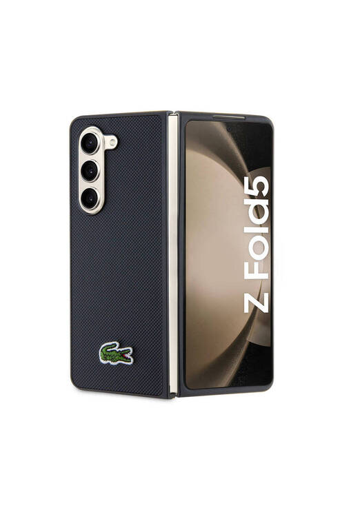 Galaxy Z Fold 5 Kılıf  uyumlu PU Pike Desenli Yüzey İkonik Timsah Logolu Lacivert