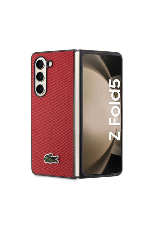 Galaxy Z Fold 5 Uyumlu Kılıf Lacoste Lisanslı PU Pike Desenli İkonik Timsah Logolu Kırmızı