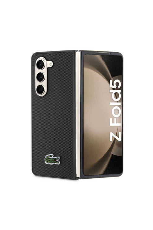 Galaxy Z Fold 5 Uyumlu  Kılıf Lacoste Lisanslı PU Pike Desenli Yüzey İkonik Timsah Logolu Siyah