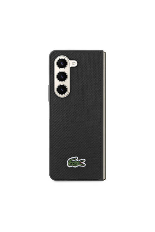 Galaxy Z Fold 5 Uyumlu  Kılıf Lacoste Lisanslı PU Pike Desenli Yüzey İkonik Timsah Logolu Siyah