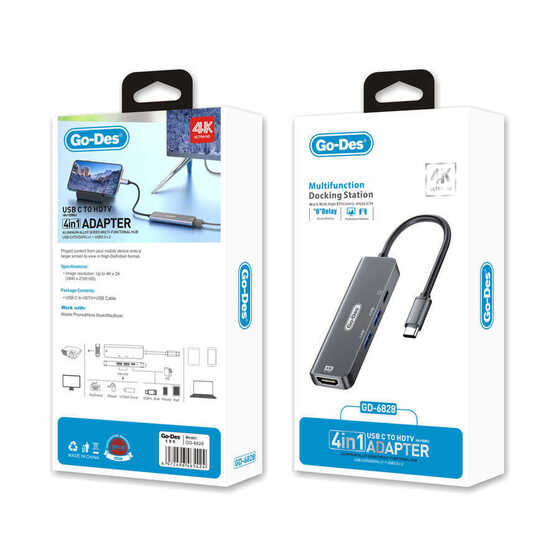 Go Des GD-6828 Type-C Hub 4 in 1 HDMI 4K - USB 3.0 Çoğaltıcı Adaptör MacBook & iPad uyumlu
