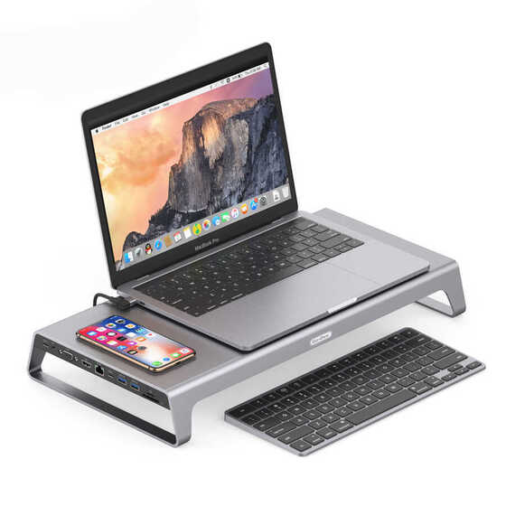 Go Des GD-9128 Type-C Hub Laptop Standı & Kablosuz Şarj USB-C Docking Station MacBook Stand
