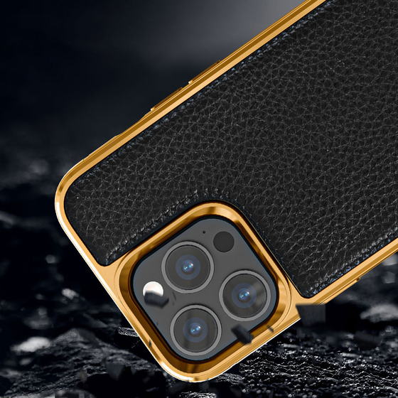 iPhone 13 Pro Max Uyumlu Kılıf Wiwu Genuine Leather Gold Calfskin Orjinal Deri Kapak
