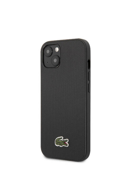 iPhone 14 Kılıf Lacoste Lisanslı PU Pike Desenli İkonik Timsah Dokuma Logo Siyah