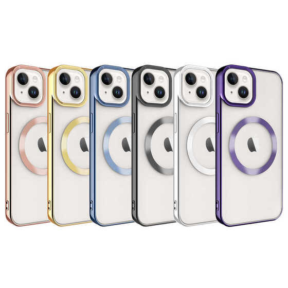 Iphone 14 Plus Uyumlu Kılıf Magsafe Köşeleri Renkli Lüx Şeffaf Kamera Korumalı Silikon Kapak