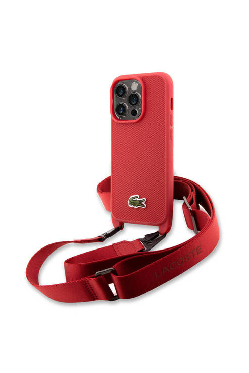 iPhone 14 Pro Kılıf Lacoste Lisanslı PU Pike Desen Askılı İkonik Timsah Dokuma Logo Kırmızı