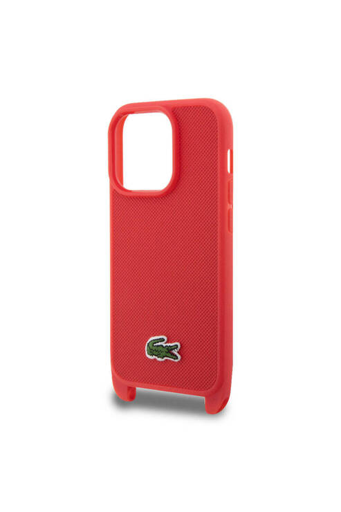 iPhone 14 Pro Kılıf Lacoste Lisanslı PU Pike Desen Askılı İkonik Timsah Dokuma Logo Kırmızı