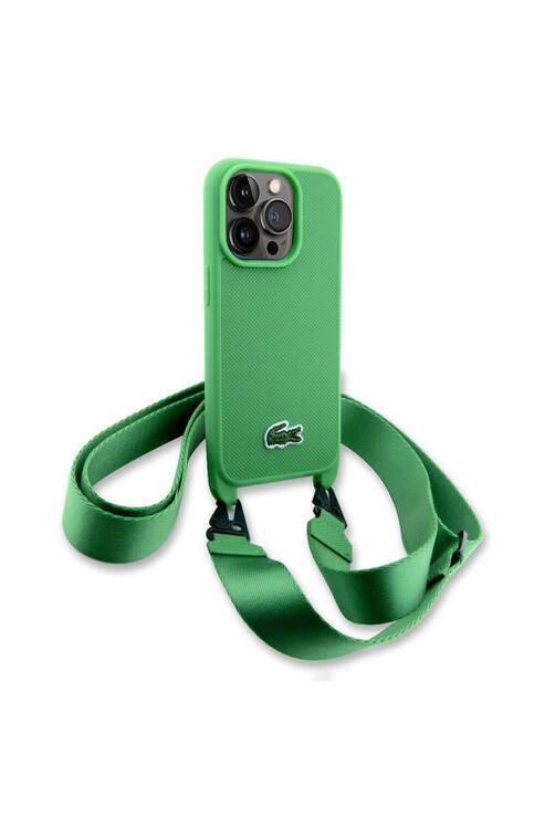 iPhone 14 Pro Kılıf Lacoste Lisanslı PU Pike Desen Askılı İkonik Timsah Dokuma Logolu Yeşil