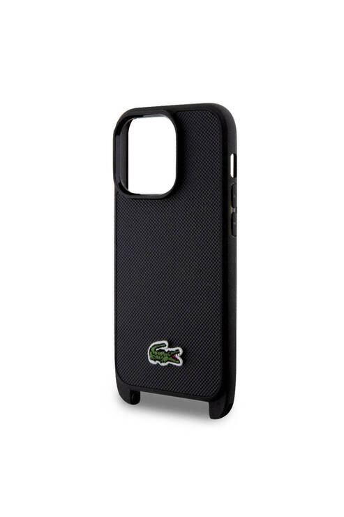 iPhone 14 Pro Kılıf Lacoste Lisanslı PU Pike Desenli Askılı İkonik Timsah Dokuma Logo Siyah