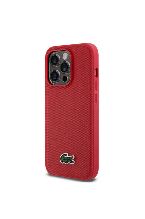 iPhone 14 Pro Kılıf Lacoste Lisanslı PU Pike Desenli İkonik Timsah Dokuma Logolu Kırmızı