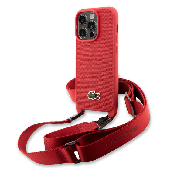 iPhone 14 Pro Kılıf Lacoste Orjinal Lisanslı PU Pike Desen Askılı İkonik Timsah Dokuma Logo Kırmızı