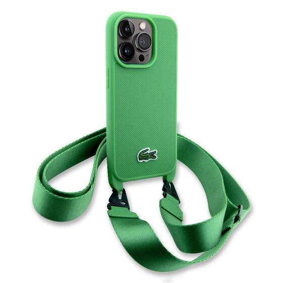 iPhone 14 Pro Kılıf Lacoste Orjinal Lisanslı PU Pike Desen Askılı İkonik Timsah Dokuma Logolu Yeşil