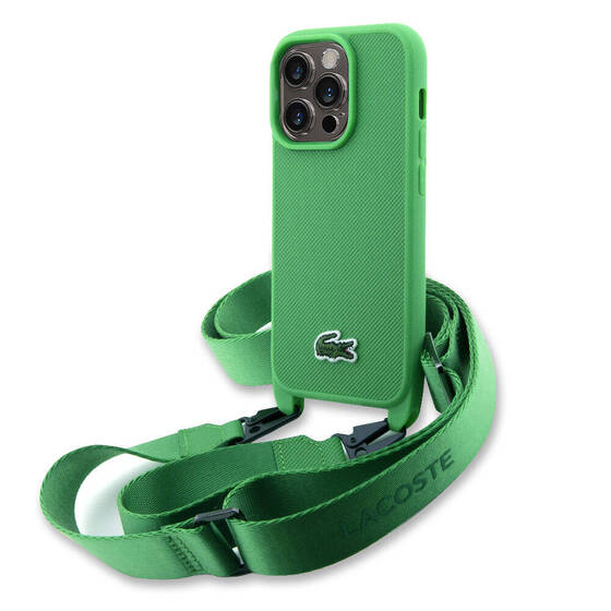iPhone 14 Pro Kılıf Lacoste Orjinal Lisanslı PU Pike Desen Askılı İkonik Timsah Dokuma Logolu Yeşil