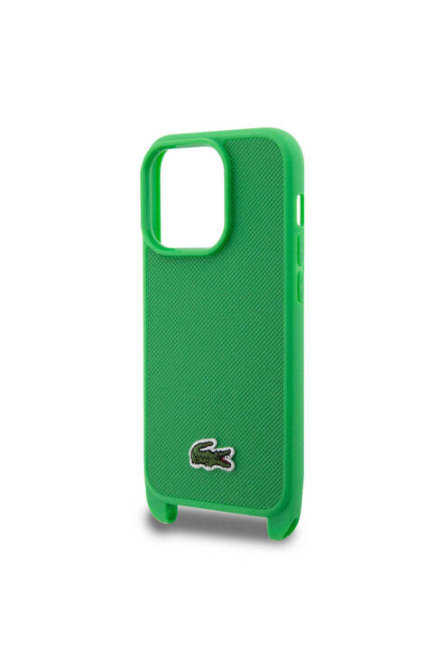 iPhone 14 Pro Max Kılıf Lacoste Lisans PU Pike Desen Askılı İkonik Timsah Dokuma Logo Yeşil