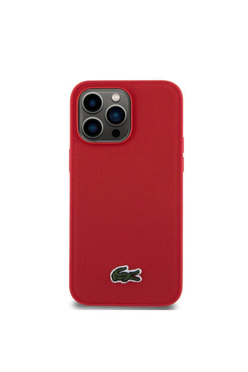 iPhone 14 Pro Max Kılıf Lacoste Lisanslı PU Pike Desenli İkonik Timsah Dokuma Logolu Kırmızı
