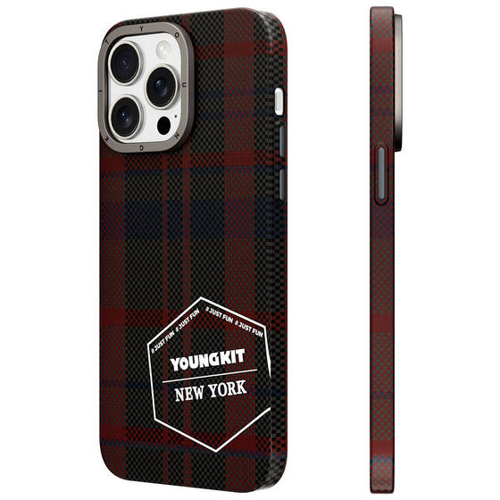 iPhone 14 Pro Max Uyumlu Kılıf Ekose Desenli Youngkit Gezhi Serisi Kapak Kırmızı