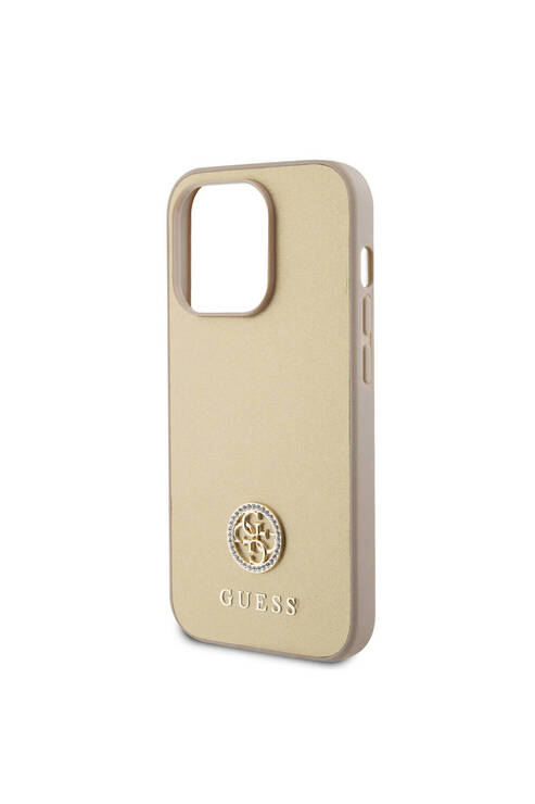 iPhone 14 Pro Max Uyumlu Kılıf Guess  Lisanslı Deri 4G Metal Logo Strass Kapak Gold