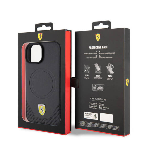 iPhone 15 Kılıf Ferrari Orjinal Lisanslı Magsafe Şarj Özellikli Metal Logolu PU Karbon Kapak Siyah