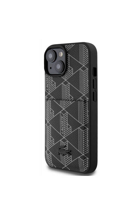 iPhone 15 Kılıf Lacoste Lisanslı Magsafe Özellikli PU Deri Görünüm Kartlıklı Monogram Desenli Siyah