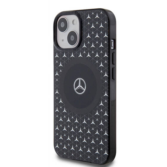 iPhone 15 Kılıf Mercedes Benz Orjinal Lisanslı Magsafe Şarjlı Çift Katman Mini Yıldız Desenli Siyah
