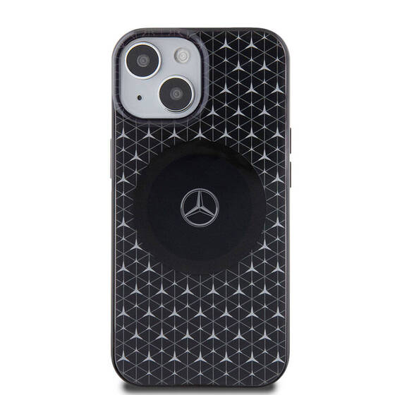 iPhone 15 Kılıf Mercedes Benz Orjinal Lisanslı Magsafe Şarjlı Çift Katman Mini Yıldız Desenli Siyah